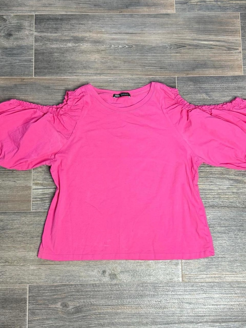 Zara Hot Pink Cold-Shoulder Puff Sleeve Tee